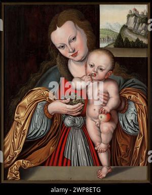 Madonna mit Kindern Cranach, Lucas (1472-1553; St.); ca. 1600 (1590-00-00-1610-00); Madonna mit dem Kind (iconogr.), Äpfel, Evangelische Kirche (Radoszyn) - Sammlungen, Fenster, Landschaften, Berglandschaften, Trauben Stockfoto