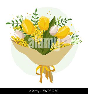 Frühlingsstrauß mit gelben Tulpen und Mimosa. Vektorgeschmack mit Pflanzen für Design, Grußkarte, Banner, Brett, Flyer, Angebot, Poster Stock Vektor