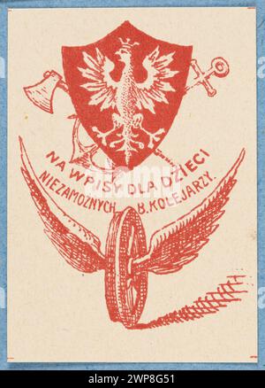 Ein gedrucktes Etui aus dem Jahr 1913-1921, das polnische Embleme, Anker- und Axtsymbole, Eisenbahnmotive und Texte über Kinder und Eisenbahnarbeiter zeigt. Stockfoto