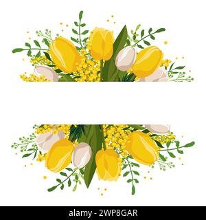 Rechteckiger Federrahmen mit gelben weißen Tulpen und Mimosa für Wörter und Text. Vektor-Hintergrundschablone mit Blumen für Design, Grußkarte, BA Stock Vektor