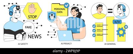 KI-Ethik festgelegt. Ausrichtung und Regulierung künstlicher Intelligenz. Rechenschaftspflicht, Singularität und Autonomie, Vorurteile, Transparenz, Sicherheit und Privatsphäre. Illustration des flachen Vektors. Stock Vektor