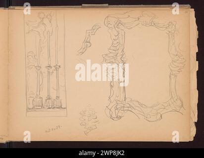 Zwei Skizzen von Ferdynand Ruszczyc aus dem Jahr 1904, die ein Fragment des Tarzes, einen Rokoko-Rahmen und weitere kleine Zierfragmente zeigen. Stockfoto