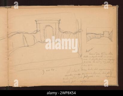 Zwei Skizzen von Ferdynand Ruszczyc aus dem Jahr 1901, die ein Burgtor und Ruinen darstellen, einschließlich Notizen und Berechnungen, mit einer Verso-Skizze ähnlicher Komposition, Teil der Partage Plus-Sammlung. Stockfoto