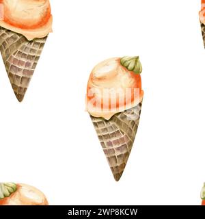 Wasserfarben, handgezeichnetes nahtloses Muster für Sommereis. Süßes Eis in Waffeln, Essenshintergrund mit Pistazien-Eiskugel, Erdbeere und Orange zum Pack Stockfoto