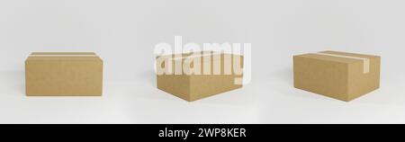 Realistische Pappkarton-Mockup-Set von der Seite, Vorderansicht offen und geschlossen isoliert auf weißem Hintergrund. Vorlage für Paketverpackung. 3D-Rendering. Mobil Stockfoto