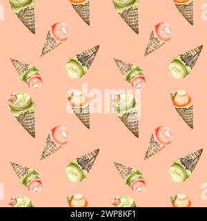 Wasserfarben, handgezeichnetes nahtloses Muster für Sommereis. Süßes Eis in Waffeln, Essenshintergrund mit Pistazien-Eiskugel, Erdbeere und Orange zum Pack Stockfoto
