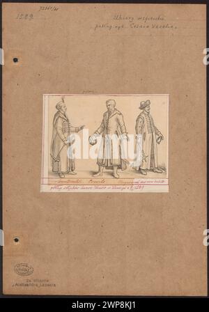 Gravuren von Cesare Vecellio aus dem Jahr 1589 zeigen drei Männer, darunter Kroaten, in ungarischen Trachten des 16. Jahrhunderts, die in den Sammlungen von Aleksander Lesser und Wiktor Stanisław Zygmunt aufbewahrt wurden. Stockfoto