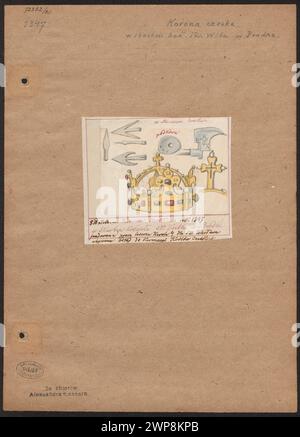 Zeichnung von Aleksander Lesser mit Darstellung der tschechischen Krone von 1347 in der Schatzkammer der Kathedrale St. Veit, Wenzel und Adalbert in Prag, einschließlich Skizzen von Äxten, Grottenvarianten und königlichen Insignien, Teil der Sammlungen von Lesser und Wiktor Lesser. Stockfoto
