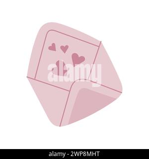 Buchstabenvektorsymbol. Handgezeichneter rosafarbener Umschlag mit Herzen. Romantische Nachricht zum valentinstag. Flache Ausführung, isoliertes Element. Niedliches Paket, festlich Stock Vektor