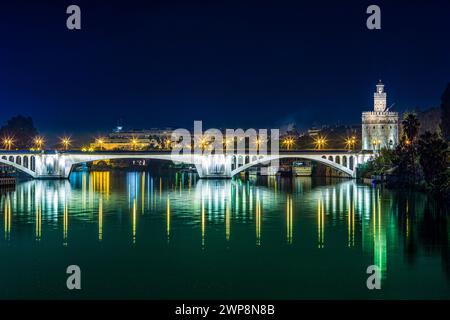 Die San Telmo Brücke leuchtet neben dem Torre del Oro unter dem Nachthimmel in Sevilla, Spanien. Stockfoto