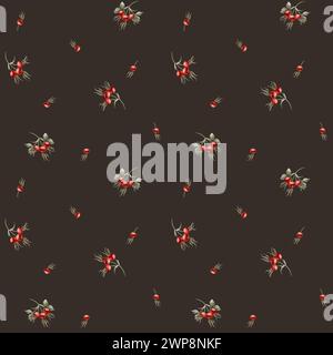 Rosafarbene rote Beeren, nahtloses minimalistisches Blumenmuster auf dunklem Hintergrund. Für den Einsatz in Design, Stoff, Textil, Scrapbooking, Tapeten, Stockfoto