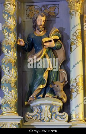 St. Lukas der Evangelist, Statue auf dem Hochaltar in der Pfarrkirche der Heiligkreuzerhöhung in Kriz, Kroatien Stockfoto