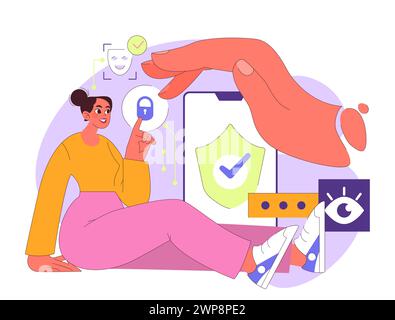 Cyber Security-Konzept. Frau interagiert vertrauensvoll mit Sicherheitsfunktionen und schützt digitale Daten. Große Handgesten sind sicher. Shield steht für Schutz. Illustration des flachen Vektors. Stock Vektor
