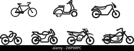 Einfacher Roller Moped Motorrad Motorrad Motorrad Fahrrad Silhouette Satz mit 7 Symbolvektoren in Seitenansicht isoliert auf weißem Hintergrund Stock Vektor