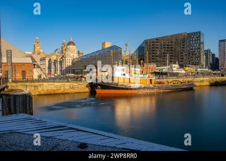 Der Schlepper Brocklebank lag im Liverpool Maritime Museum im Royal Albert Dock. Stockfoto