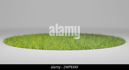 Marmorpodium und Gras. Marmor Podium Hintergrund mit Grasfeld und Himmel Hintergrund. White Showcase auf grünem Gras. Abstrakte Formen. Leerer Bereich. Gree Stockfoto