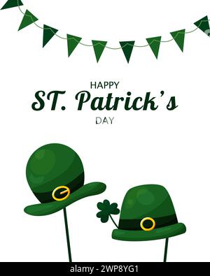 St. Patricks-Tageskarte mit grünen Elfenhüten auf Stöcken und Flaggengirlanden auf weißem Hintergrund. Stock Vektor