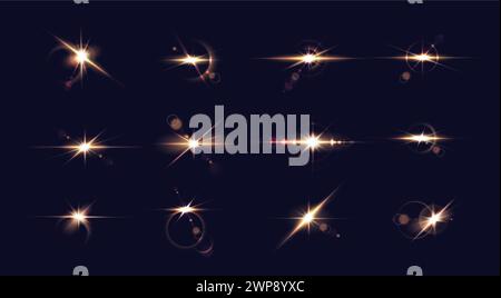 Goldenes Licht funkelt realistische Vektor-Illustration Set. Helle Farbsterne blinken in den 3D-Elementen des Kosmos auf dunkelblauem Hintergrund. Glänzende Kurven Stock Vektor