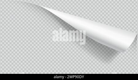 Gewellte Ecke des Papiers mit realistischer Vektorillustration im Schatten. Bürobedarf. Notizbuchseite 3D-Modell auf transparentem Hintergrund drehen Stock Vektor