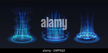 Verbessere dich in einem realistischen Vektor-Illustrationsset für Videospiele. Blinkende Lichteffekte von Portalen 3D-Elementen auf schwarzem Hintergrund. Technologievorlage Stock Vektor