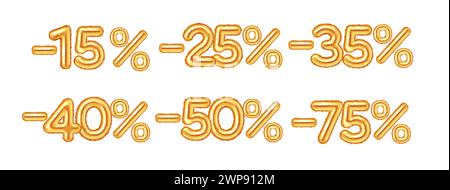 Goldener Ballon Zahlen des Rabattprozentsatzes realistische Vektor-Illustration Set. Große Verkaufsankündigung 3D-Modelle auf weißem Hintergrund Kollektion Stock Vektor