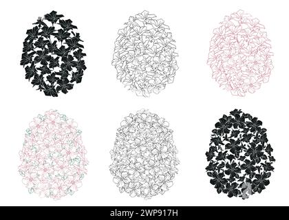 Line Art Frühlingsblume Ostereier Set, handgezeichnete Blumenelemente für Valentinstag. Vektorillustrationen für Karten oder Einladungen, Malbuch. Stock Vektor