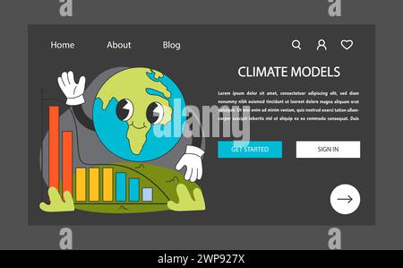 Klimamodelle Webbanner oder Landingpage im Dunkeln- oder Nachtmodus. Lösungen zur globalen Erwärmung. Forschung und Vorhersage von Wettermustern. Hauptkomponenten des Klimasystems Atmosphäre. Illustration des flachen Vektors. Stock Vektor