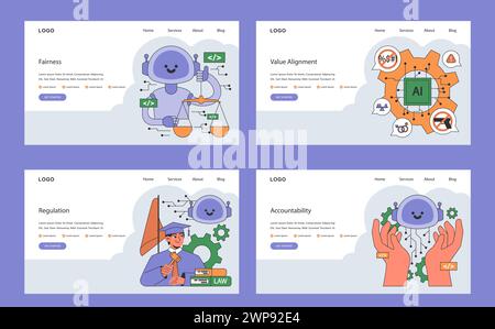 AI Ethik Web oder Landing Set. Ausrichtung und Regulierung künstlicher Intelligenz. Rechenschaftspflicht, Singularität und Autonomie, Vorurteile, Transparenz, Sicherheit und Privatsphäre. Illustration des flachen Vektors. Stock Vektor