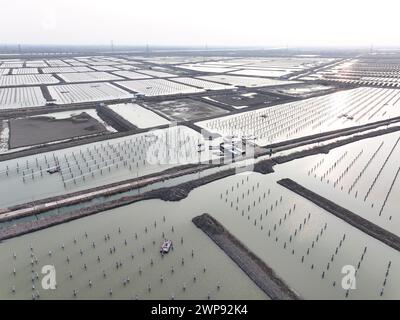 LIANYUNGANG, CHIAN - 6. MÄRZ 2024 - Bauarbeiter arbeiten auf der Baustelle des 940MWFischerei-Solar-Hybridprojekts Photovoltaik-Strom Stockfoto