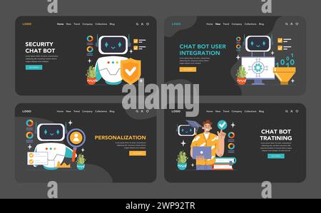 Chat Bot Universe Dark oder Night Mode Web, Landing Set. Tauchen Sie ein in KI-gestützte Unterstützung: NLP-Engines und Personalisierung. Nutzen Sie Omni-Channel-Integration und sichere Chats. Illustration des flachen Vektors Stock Vektor