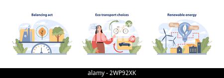 Umgebungseinstellungen. Naturschutzbemühungen. Die Auswirkungen auf die Industrie, die Frauen, die umweltfreundliche Verkehrsmittel fördern, umweltfreundliche Alternativen zur Energie beleuchten Häuser. Illustration des flachen Vektors Stock Vektor