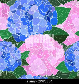 Vektor-botanisches nahtloses Muster mit blühenden rosa und blauen Hortensie Blüten. Textildesign, Tapete, Hintergrund mit wiederholtem Blumenmuster. Stock Vektor