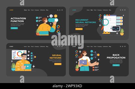 Neuronales Netzwerk im Dunkeln- oder Nachtmodus im Web oder Landeset. Schlüsselkonzepte für maschinelles Lernen. Konvolutionelle, wiederkehrende Netzwerke, tiefgreifende Erkenntnisse. Verlustfunktion, Vorspannung, Epochen. Illustration des flachen Vektors Stock Vektor
