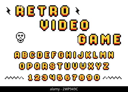 Retro-Pixel-Schriftart aus dem alten Computervideospiel, 8-Bit-Buchstaben und -Zahlen, Pixelalphabet, Vektor Stock Vektor