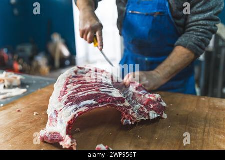 Industrielle Fleischverarbeitung. Zerlegung von frischem rohem Schweinefleisch im Schlachthof. Hochwertige Fotos Stockfoto
