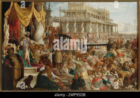 Gemälde von Vitus Heinrich, um 1590–1610, mit biblischen Szenen wie König Herodes und das Schlachten der Unschuldigen, mit architektonischen Elementen und Salomonsäulen im flämischen und deutschen Stil. Stockfoto