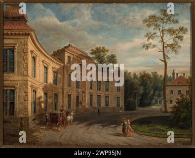 Realistisches Gemälde des Palastes Myślewicki in Królewskie Łazienki, Warschau, mit Palastarchitektur, Kutschen und Landschaft mit Relais. Durch Kauf erworben. Stockfoto