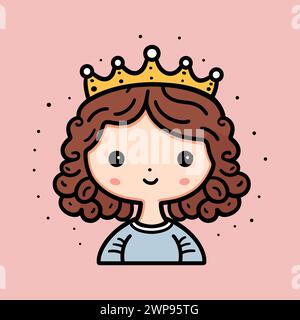 Cartoon Prinzessin Kind. Niedliche Illustration eines Mädchens mit goldener Krone und blauem Kleid oder Hemd. Lächelndes Kind mit braunen lockigen Haaren auf rosa Hintergrund. Stock Vektor