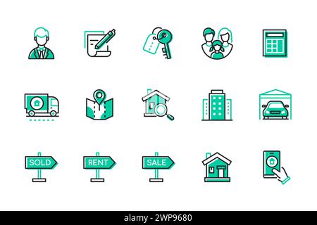 Immobilientransaktionen – Set mit Symbolen für Liniendesign Stock Vektor