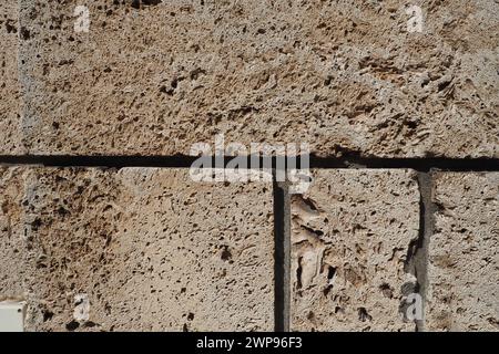 Strukturierte Wand mit beigen Muschelsteinfliesen. Nahaufnahme einer Mauer aus antikem Muschelgestein. Löcher, Unregelmäßigkeiten des natürlichen Baustoffes Stockfoto