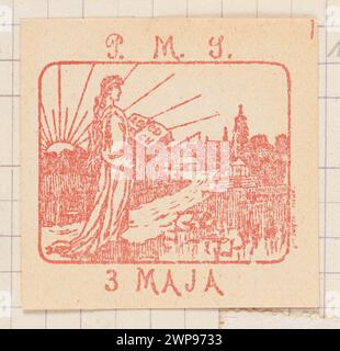 Kartondruck aus dem Jahr 1913-1921, in dem Frauen vor einem Hintergrund aus einem Buch stehen, mit dem Text „P.M.S. 3 Maja“, erstellt von der polnischen Schulmatrix. Stockfoto