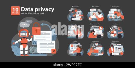 Datenschutz festgelegt. Entdecken Sie die Facetten der Online-Sicherheit. Verarbeitung persönlicher Daten, sicheres Surfen und Verschlüsselungstechniken. Schutz der Einwilligungen von Benutzern und potenziellen Bedrohungen. Vektor Stock Vektor