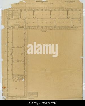 Erdgeschoss horizontale Projektion des linken Flügels des Nationalmuseums Warschau von Tadeusz, 1927-1928, Maßstab 1:100, mit architektonischem Layout und baulichen Details. Stockfoto
