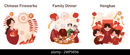 Chinesisches Neujahrsfest. Fröhliche asiatische Familienurlaub am festlichen Tag. Die Charaktere feiern nationale asiatische Festlichkeiten mit Feuerwerk, Laterne und Drachentanz. Illustration des flachen Vektors Stock Vektor