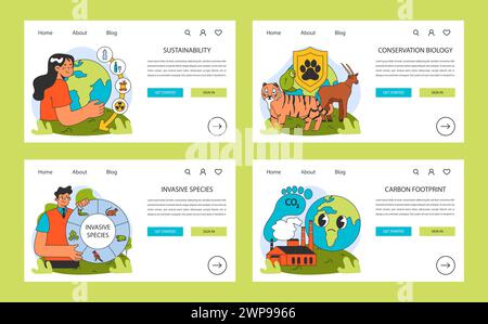 Webbanner oder Landing-Page-Set für Umweltforschung. Menschlicher Einfluss, Umweltprobleme. Klimawandel und Umweltverschmutzung. Biologische Vielfalt, grüne Energie, Nachhaltigkeit. Flacher Vektor Stock Vektor