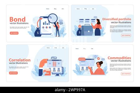 Finanzkonzepte festgelegt. Anleger analysieren Anleihen, erstellen diversifizierte Portfolios, untersuchen die Korrelation von Vermögenswerten und untersuchen Rohstoffe. Fundierte Darstellung der Investitionsstrategie. Illustration des flachen Vektors Stock Vektor