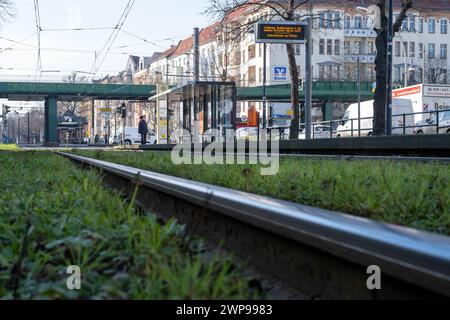 Leere Straßenbahnhaltestelle an der Bornholmer Straße in Berlin-Prenzlauer Berg. Die Gewerkschaft Verdi hat die Beschäftigten der kommunalen Nahverkehrsbetriebe zu einem 35-stündigen Warnstreik aufgerufen. In Berlin fahren keine U-Bahnen, Busse oder Straßenbahnen der Berliner Verkehrsbetriebe BVG. / Leere Straßenbahnhaltestelle an der Bornholmer Straße in Berlin-Prenzlauer Berg. Die gewerkschaft Verdi hat die Mitarbeiter der ÖPNV-Unternehmen zu einem 35-stündigen Warnstreik aufgerufen. In Berlin verkehren keine U-Bahnen, Busse oder Straßenbahnen der Berliner Verkehrsbetriebe BVG. Warnstreik BE Stockfoto