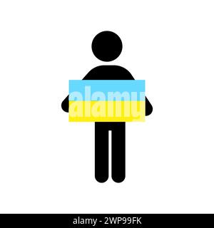 Silhouette Mann mit Flagge Ukraine. Schwarzes Symbol. Vektorabbildung. Rohbild. EPS 10. Stock Vektor