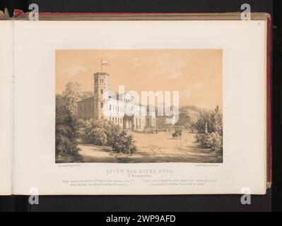 „Flüsse auf den Flüssen Jur“ von Misierowicz und Orda (1876) zeigt Flüsse und eine Palastlandschaft in Retów, Litauen, die polnische Grafik und historische Ansichten Polens aus dem 19. Jahrhundert widerspiegelt. Stockfoto