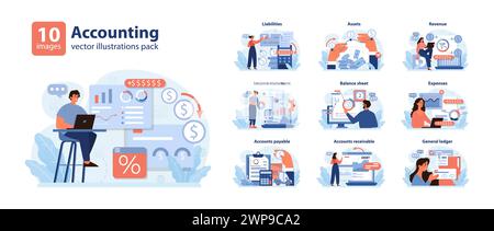 Buchungsset. Fachleute, die in Finanzbereichen navigieren. Einblicke in Verbindlichkeiten, Anlagen und Umsatz. Explorationen zu Bilanz, Aufwand und Hauptbuch. Illustration des flachen Vektors. Stock Vektor